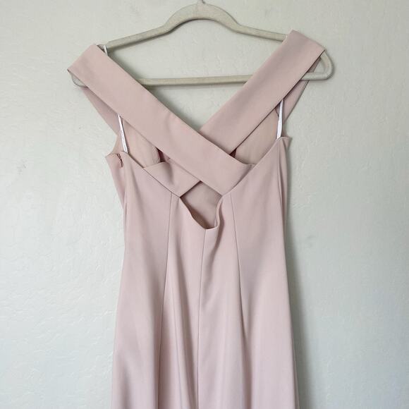 Dessy Off-The-Shoulder Criss Cross Back Trumpet Bridesmaid Gown in Blush Pink - Picture 7 of 9